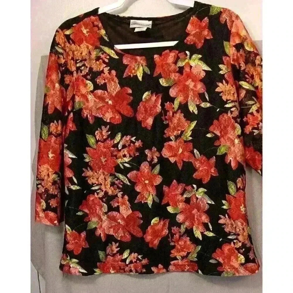Rebecca Malone Top Size L Black/Floral Lace Top Lined Stretch 3/4 Sleeve Blouse